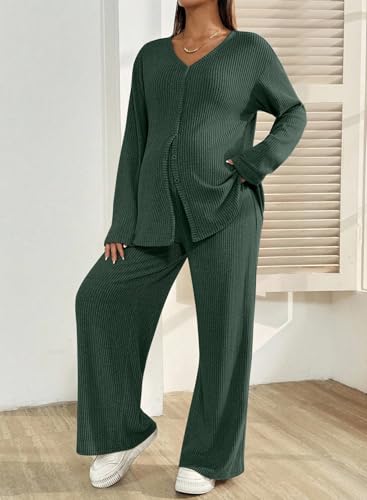BLENCOT Maternity Lounge Set 2 Piece Long Sleeve Top and Pants with Pockets - color: Dark Green, size: X-Large