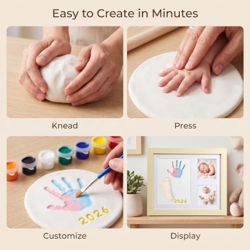 MICKYU Baby Hand and Footprint Kit, Clay Keepsake Frame - color: Natural Wood
