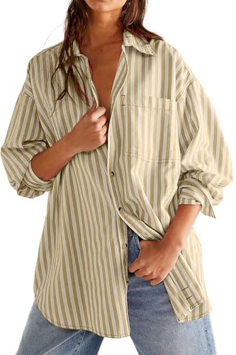CHYRII Women's Striped Button Down Long Sleeve Blouse - color: Olive Green, size: XX-Large