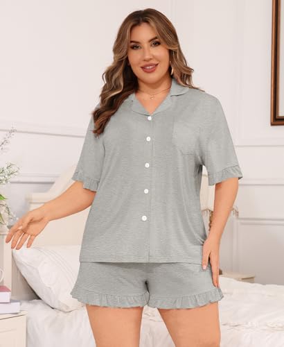 SWOMOG Women Plus Size Pajamas Sets Button Down Sleepwear Short Sleeve Ruffles 2Pcs Lounge Sets Soft Summer Pjs 18W-26W - color: Grey, size: 26 Plus