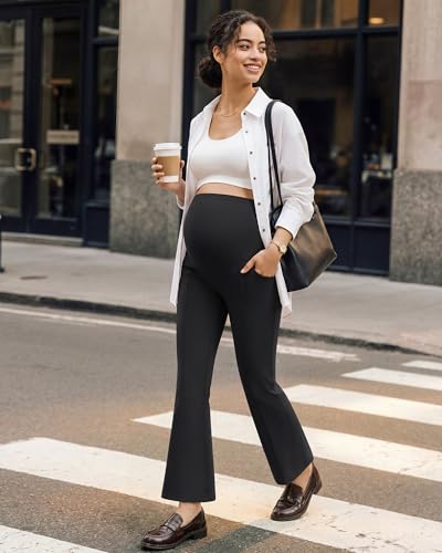 G4Free EverGoing Maternity Work Pants Pregnancy Ankle Flare Leg with Pocket - color: Black, size: Medium