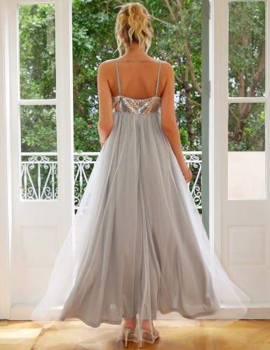 Maternity Dress Sequin Bodice Mesh Maxi V Neck Spaghetti Strap Gown - size: Medium