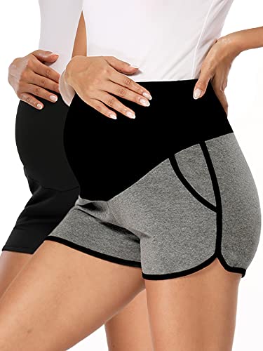 fitglam Women's Maternity Shorts Over Belly Pregnancy Lounge Workout Running Pajama Sleep Shorts with Pockets - color: A04 Black/Dark Heather Gray, size: X-Large