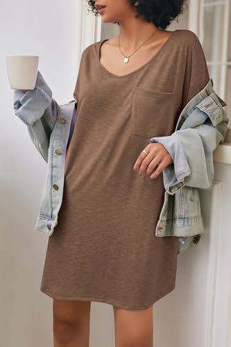 Ekouaer Cotton Nightgowns for Women Oversized Sleep Shirt Tshirt Night Gown - color: Brown, size: Large