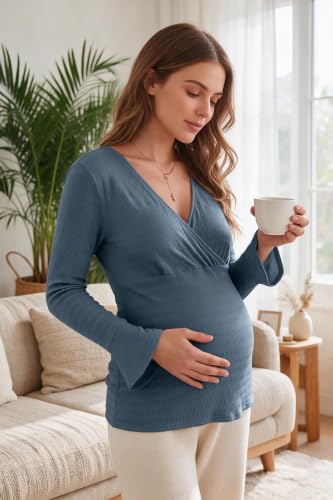 OUGES Women's Maternity Shirts Long Bell Sleeve Casual V Neck Tops Fall Fashion Textured Pregnancy Blouse - color: Blue, size: Small