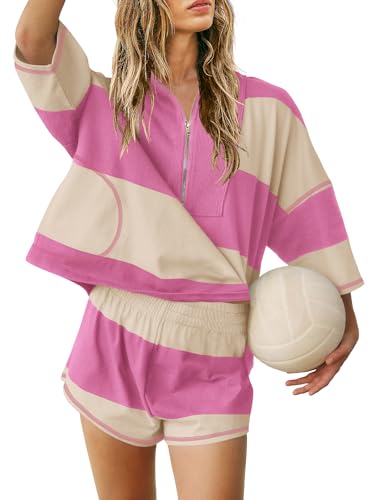 Yanekop Womens Striped Workout Set Two Piece Lounge Set Athleisure Sets - color: Rose Red, size: Medium
