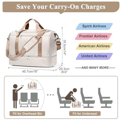Travel Duffel Bag,Carry-On Overnight Weekender Bags with Shoes Compartment - color: Beige & Brown, size: Small