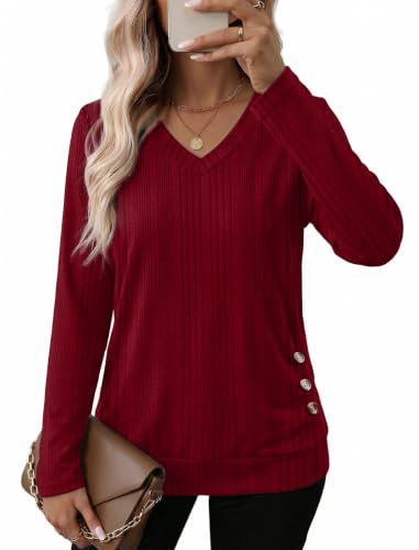 Sampeel V Neck Long Sleeve Shirts Button Side Sweaters Color Block Tops - color: Burgundy, size: Small