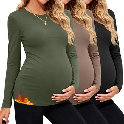 3 Pack Women's Thermal Maternity Shirts - color: Army Green, Coffee, Black, size: Small