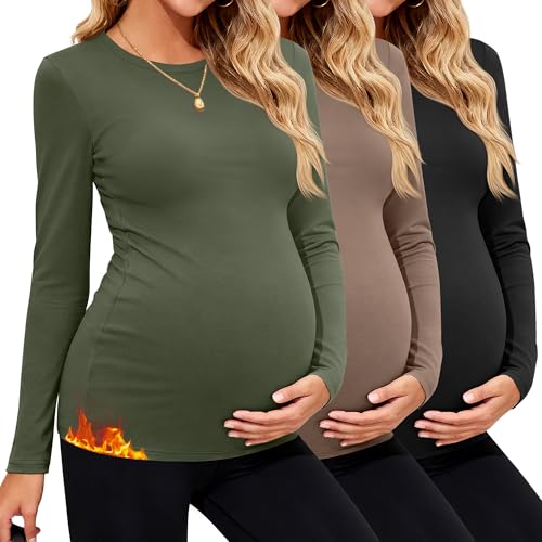 3 Pack Women's Thermal Maternity Shirts - color: Army Green, Coffee, Black, size: Large