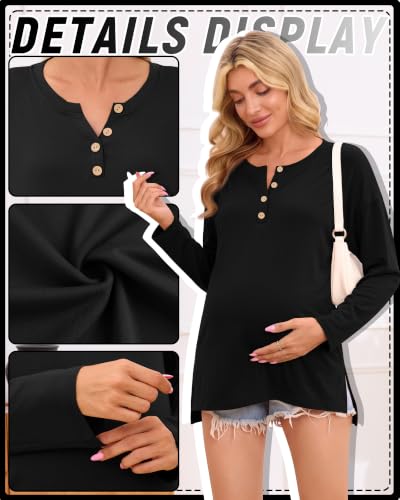 Ficerd Women Maternity Shirt Pregnant Long Sleeve Henley Top - color: Black, size: Large