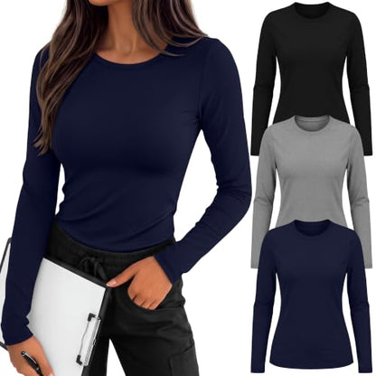 3 Pack Womens Long Sleeve Underscrub Shirts - color: Black, Light Gray, Navy Blue, size: XX-Large