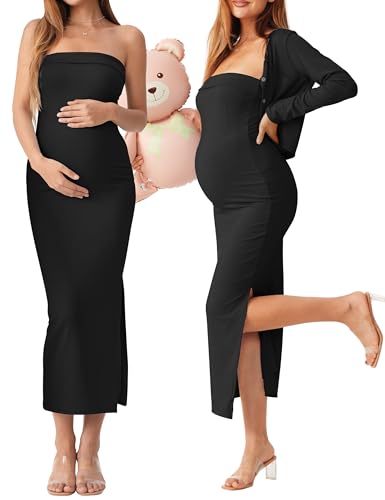 2 Piece Strapless Maternity Dress & Cardigan Set for Baby Shower - color: Black, size: Small