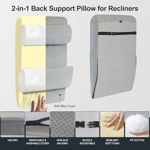 2-in-1 Neck & Lumbar Support Pillow with Adjustable Height and Ergonomic backrest Design, Suitable for recliners, Sofas, high-Back Rocking Chairs, Relieve Back Pressure. - color: Grey