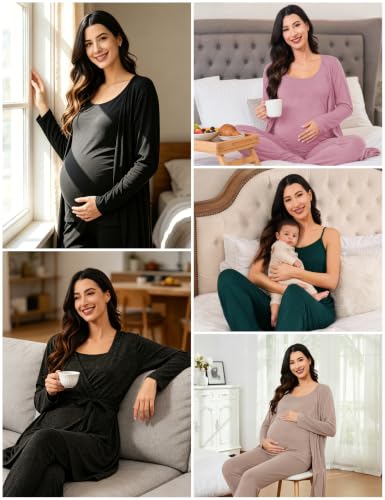SWOMOG Maternity Nursing Robe Set 3 PCS Postpartum Pajamas Breastfeeding Pregnancy Robe & Camisole & Pants - color: Black Grey, size: Large