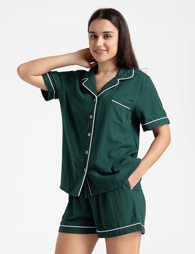Womens Muslin Pajama Sets 100% Cotton Double Gauze Linen Like Short Pjs - color: Dark Green, size: Large