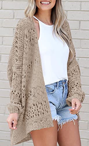 Ermonn Womens Crochet Cardigan Sweater Kimonos Boho Solid Color Oversized Spring Open Front Outwear - color: Apricot, size: X-Large