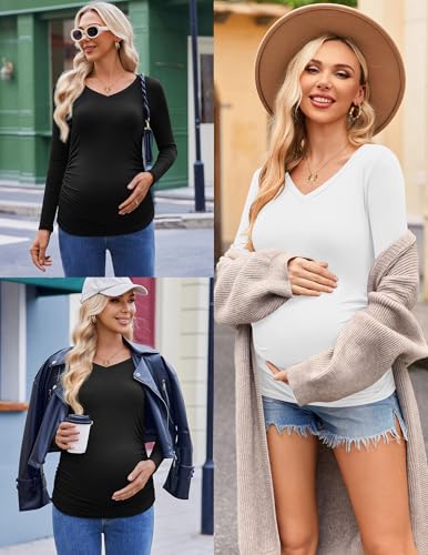 Ekouaer Womens Maternity Shirts Long Sleeve 3 Packs V-Neck Pregnancy Tops - color: 4pcs-black/Dark Grey/Light Grey/White, size: Medium