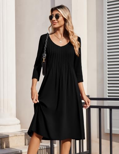 Zeagoo 3/4 Sleeve Women's Dress Pleated Midi Casual Dresses with Pockets - color: Black, size: Medium