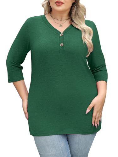 Womens Summer Plus Size 3/4 Length Sleeve Tops Button Down Shirts L-4XL - color: Green, size: XX-Large