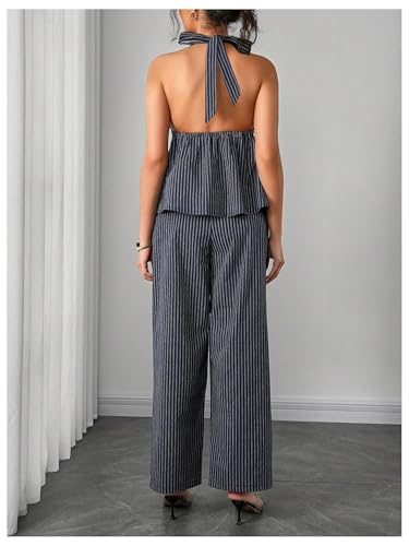 OYOANGLE Women's Maternity 2 Piece Outfits Striped Halter Tops Pants Sets - size: X-Large