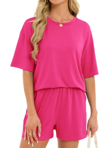 Women's 2 Piece Short Sets Loose Lounge Sets Summer Matching Sets - color: Pink, size: Small
