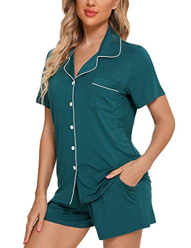 Senert Womens Pajamas Set Short Sleeve Sleepwear - color: A. Green, size: Large