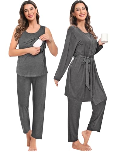 SWOMOG Maternity Nursing Robe Set 3 PCS Women Postpartum Pajamas Breastfeeding Labor Delivery Hospital Pregnancy Pjs - color: Deep Grey, size: X-Large