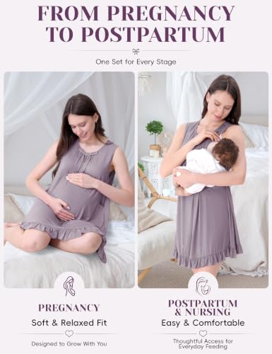 Maternity Nursing Gown & Robe Set, Ruffle Labor Delivery Nightgowns - color: Dust Purple, size: X-Large