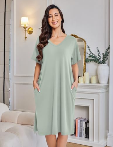 Ekouaer Womens Plus Size Nightgown Bamboo Viscose Short Sleeve Sleepshirt - color: Light Green, size: Medium