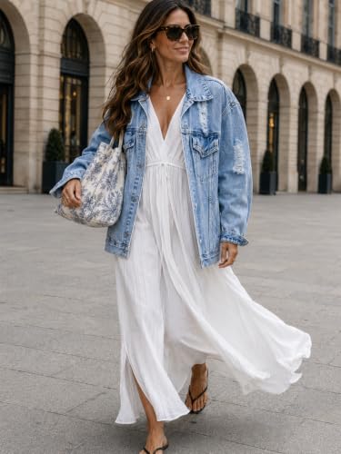 LifeShe Women's oversized Jean Jacket distressed denim Coat with Pockets - color: Light Blue, size: XX-Large