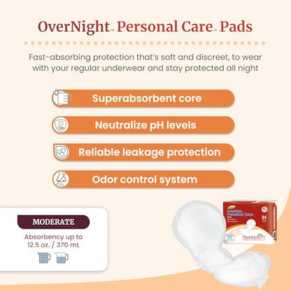 Tranquility Personal Care Pads, Overnight Absorbency, 12.5oz, 24 Ct - size: Overnight 12.5 Ounce (Pack of 24)