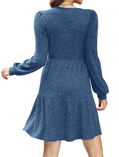 Sampeel Womens Square Neck Long Sleeve Fall Dresses Casual Babydoll Sweater Dress - color: Blue, size: Medium