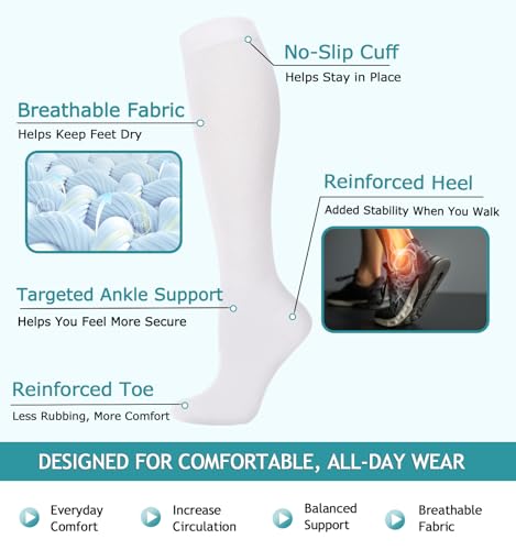 8 Pairs Compression Socks Women Men 15-20mmHg Knee High Support Circulation - color: 025 - White, size: Small-Medium