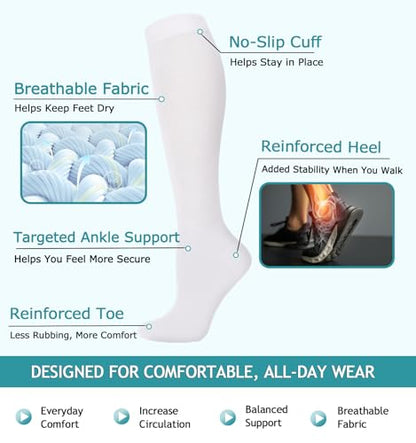 8 Pairs Compression Socks Women Men 15-20mmHg Knee High Support Circulation - color: 025 - White, size: Small-Medium