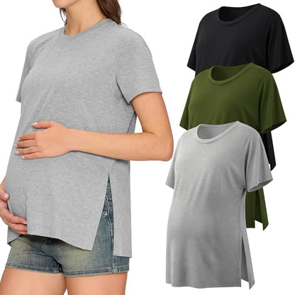 3 Pack Women's Maternity Shirts, Crew Neck Pregnancy Clothes Short Sleeve - color: Black/Light Gray/Army Green, size: Large