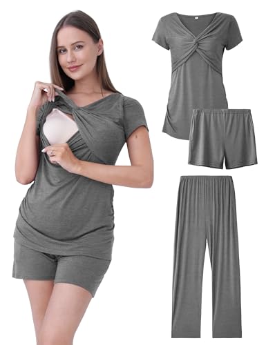 3-Piece Maternity Nursing Pajamas Set for Pregnancy & Postpartum - color: Dark Gray, size: Small