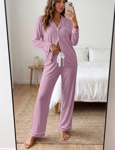 ZMJ Womens Pajama Sets 2 Piece Long Sleeve Button Down Sleepwear with Pants - color: Bean Paste, size: Small