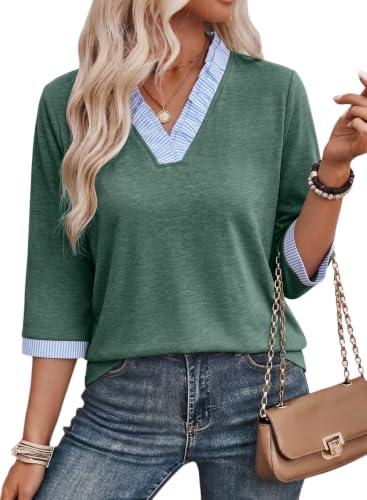 EVALESS Womens Tops Striped Colorblock V Neck 3/4 Sleeve Blouses Tunics - color: Green, size: Large