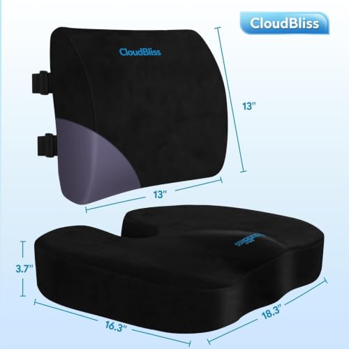 CloudBliss Ergonomic Seat Cushion & Lumbar Support Pillow Set, Black, XL - color: Black, size: X-Large