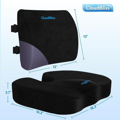 CloudBliss Ergonomic Seat Cushion & Lumbar Support Pillow Set, Black, XL - color: Black, size: X-Large