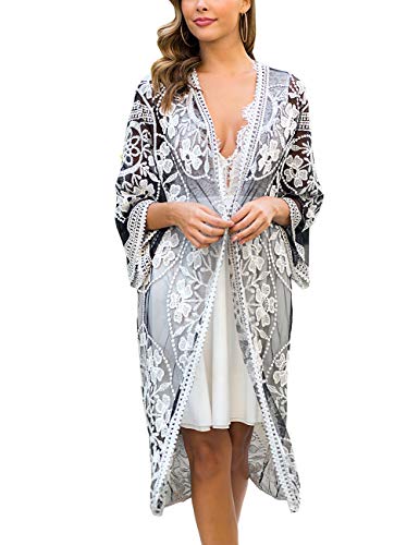 Women's Lace Cardigan Floral Crochet Sheer Beach Cover Ups Long Open Kimono - color: Black White