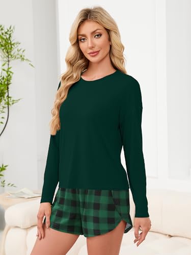 ANRABESS Womens Long Sleeve Striped Pajama 2 Piece Lounge Sets - color: Green Plaid, size: Medium