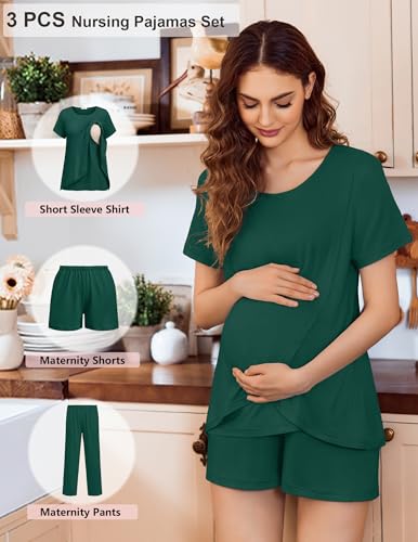 Ekouaer 3 PCS Maternity Nursing Pajamas Set Postpartum Breastfeeding PJS - color: Dark Green, size: Large