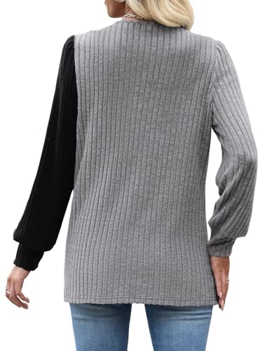 MixShe Womens Knit Sweaters 2026 Fall Winter Casual Long Sleeve Ribbed Colorblock Button Pullover Tops - color: Light Grey, size: Medium