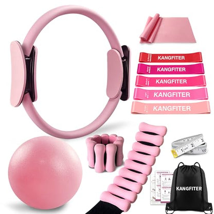 KANGFITER Pilates Kit with Ankle Weight, Pilates Ring Ball, Resistance Band - color: 11 PCS Pink