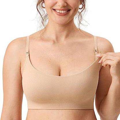 MOMANDA Ribbed Nursing Bras for Breastfeeding - color: Beige, size: Small