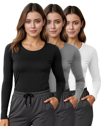 Soft Stretch Cotton Blend Women's Underscrub Shirt Slim Fit Comfort Tee - color: Black/Light Grey/White, size: Medium