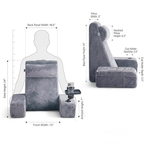 Reading Pillow for Adults – 24in XL, Cup Holder, Phone Caddy & Tray Mount - color: Grey