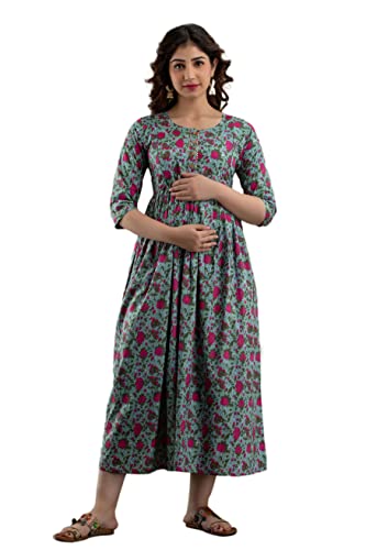 Women's Pink Cotton Pregnancy & Breastfeeding Maxi Dress - color: Grey, size: Large